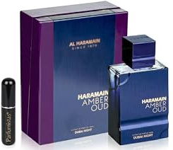 Perfume Amber Oud Dubai Night Eau de Parfum 100ML, Perfume Árabe Hombre, Incluye Atomizador Recargable 5ML PARFUMISTAS, Fragancia Oriental Amaderada con Notas de Azafrán, Oud y Ámbar (Dubai Night)