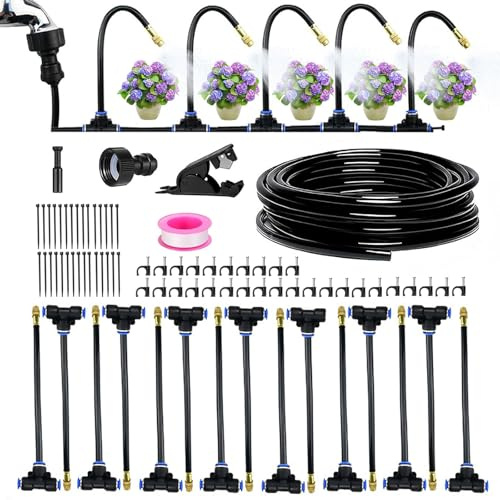 Sistema di irrigazione da giardino con ugelli nebulizzatori, regolabile a 360°, per prato, serra e balcone, irrigazione automatica per piante e raffreddamento, set di ugelli in rame e tubo (15 m)