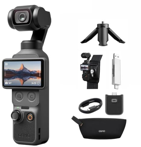 DJI Osmo Pocket 4 Combo Essential, fotocamera stabilizzata tascabile per vlog, CMOS da 1″ e 4K/240fps, 107 GB di memoria integrata (Supporto Tracolla+ Spina di ricarica)