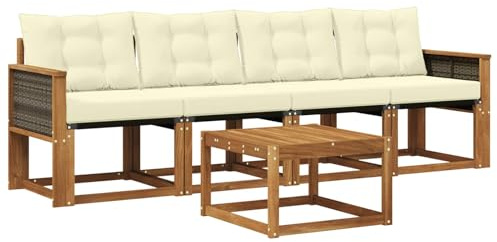 vidaXL Outdoor-Sofagarnitur mit Kissen 5 pcs Natur und Creme, Garten Sofaset, modernes Wohnmöbel, entspannende Couch für Terrasse und Außenbereich