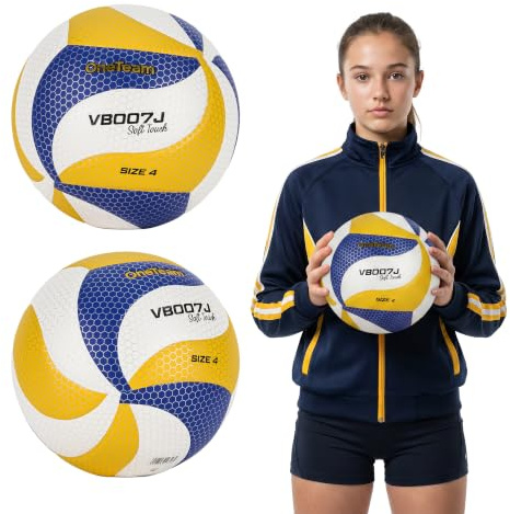 OneTeam VB007J Kinder-Volleyball Größe 4 mit Soft-Touch-Oberfläche | 18 verklebte Panels, Synthetikmaterial und Gummiblase für Halle und Freizeit im Freien, Gelb-Blau-Weiß