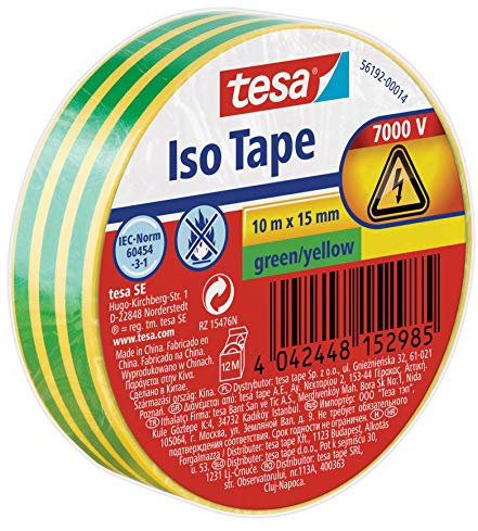 tesa Isolierband - Selbstklebendes Isolierband, hitzebeständig - Zum Isolieren, Reparieren und Bündeln - 10 m - Grün-Gelb