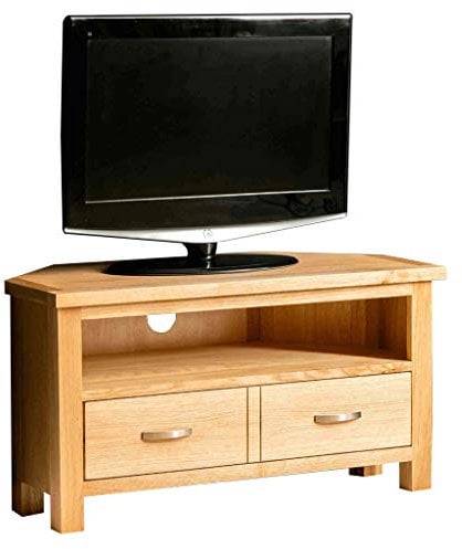 London Oak Corner TV Unit | 90 cm Solid Wood Light Oak Television Cabinet Stand Suitable for TVs up to 40 inches for Living Room or Bedroom, Fully Assembled