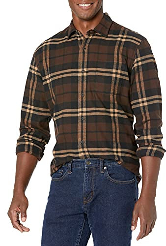 Amazon Essentials Men's Long-Sleeve Flannel Shirt (Available in Big & Tall), Dark Brown Plaid, XL