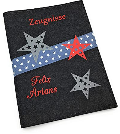 Zeugnismappe mit Namen - Mädchen und Jungen - Personalisiert Filz A4 Stern Rot - Dokumenten Urkunden Mappe Kinder - Hefter Zeugnisse - Sichtbuch