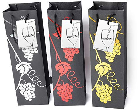 6 Pack Premium Black Wine Gift Bags with Gift Tag and Handles - Grape Vine Design – Wine Bottle Carrier for Weddings, Anniversary, Birthday, Special occasions, H: 39 cm x W: 12 cm x D: 9 cm