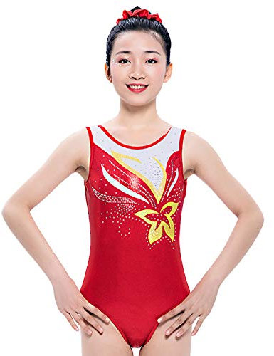 Kmgjc Damen Mädchen Kinder Tanzkleidung Lycra elastisch Handgemacht ohne Ärmel Training Wettkampf Tanz Gymnastik Sport Rot 10