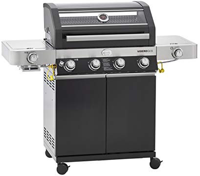 RÖSLE Unité de barbecue à gaz VIDERO G4-S noir, 30 mbar, gril avec 4 brûleurs en acier inoxydable, Prime Zone et brûleur latéral, tablettes latérales rabattables, VARIO+