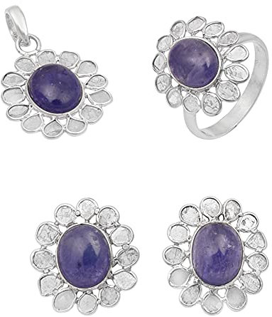 MOONEYE 4,50 CTW Natürlicher Diamant Polki Tansanit Edelstein Blumen Anhänger Set 925 Sterling Silber Platin Überzogen Ethnische Anhänger Ohrringe Ring Scheibe Diamant Schmuck (26.5)