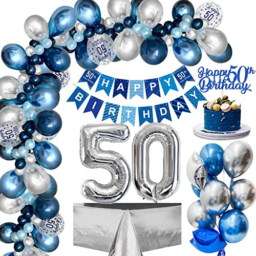 50. Geburtstag Deko, Luftballons 50.Geburtstag Männer mit Blau Silber Luftballons 50. Happy Birthday Banner, Folienballon 50.Konfetti Ballon für Männer Frauen Geburtstagsdeko 50 Jahre Mehrweg