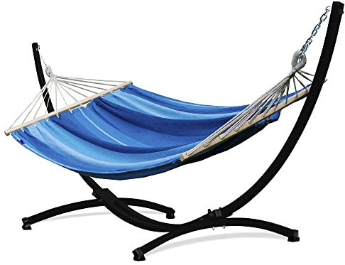 Potenza Outdoor Hängematte mit Gestell für 2 Personen I Stabhängematte XXL 220x160, 200kg I Hängemattengestell 220kg Wetterfest (Blau, Gestell Schwarz)