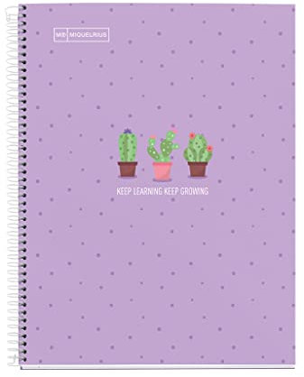 Novilla Miquelrius - Spiralblock A5-80 Blatt 90 g - Linien 7 mm - 1 farbiger Streifen - Laminiertes Hardcover - Kaktus Lavendel