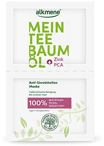 alkmene Mein Teebaumöl Anti Unreinheiten Maske 2x 7 ml 100% bestätigen Pickel Reduktion - naturreines Teebaumöl, vegan & klimaneutral - Gesichtsmaske für unreine Haut - Gesichtsmasken gegen Pickel