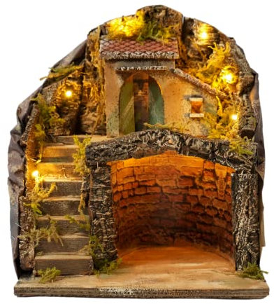 Mondo in Casa Weihnachtskrippe mit Beleuchtung für Weihnachten, mit Hütte und Höhle für handgefertigte Figuren, komplett mit warmen LED-Lichtern.
