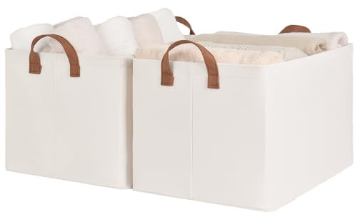 StorageWorks Shelf Storage Boxes, Extra Large Fabric Closet Baskets with Metal Frame, Wardrobe Storage Baskets for Shelves Organising, Bedroom Clothing Boxes with Handles, Natural Color, 2-Pack