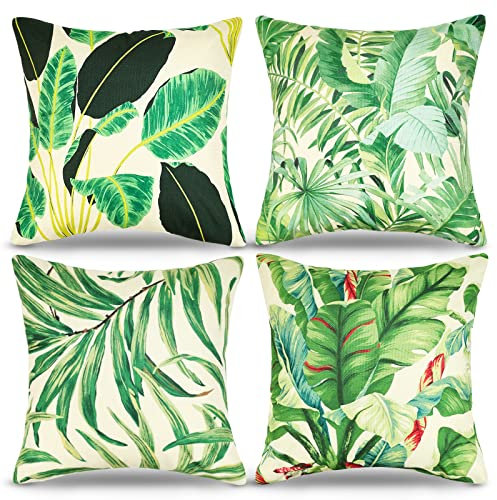 RYBornament Kissenbezug 45x45 Grüne Deko-Kissen Kissenbezug Leinen Tropische Pflanze Blätter Dekorative Kissenhülle 4er-Set Quadratische Modern Tropische Dekorativ Kissenbezug Für Kissensofa Deko
