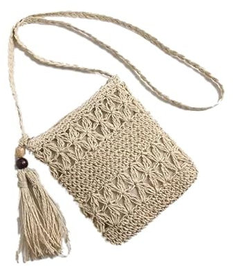 HERCHR Sac à Main en Paille pour Femmes, Mini Sac Tissé d'Été, Plage Rotin Cartable Armure, Tricot à la Main Forme Carrée Bandoulière (Blanc)