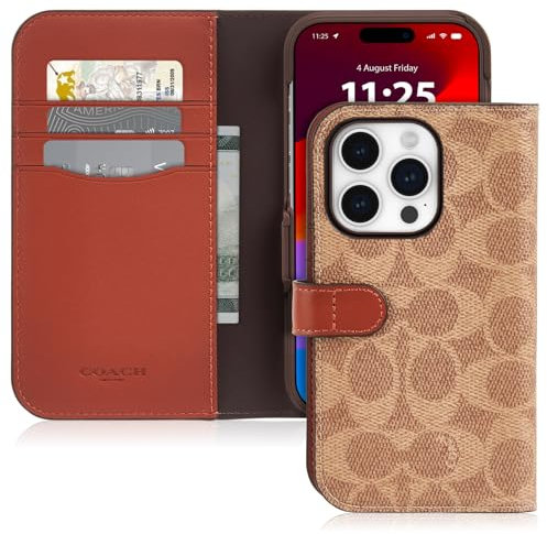 COACH Wallet Folio iPhone 15 Pro Hülle, kompatibel mit MagSafe – Signature Tan