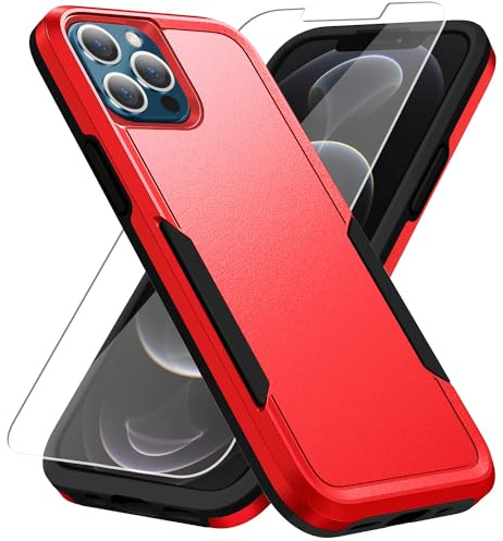 Warsia for iPhone 12 Case,with HD Screen Protector [Military Grade Drop Tested] Heavy-Duty Tough Rugged Shockproof Protective Case for iPhone 12 Pro, Red