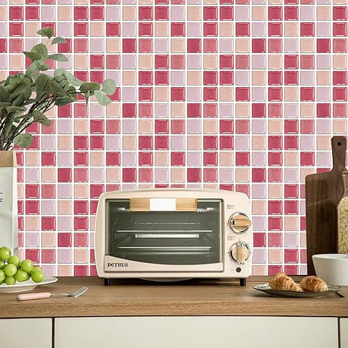 Piastrelle Cucina Ceramica 20X20 Mosaico Rosa Impermeabile Pvc Autoadesivo Decorazione,Piastrelle Da Parete Autoadesive,Autoadesivi Fai Da Te Adesivi,Cucina Bagno Decorazioni(10Pcs)