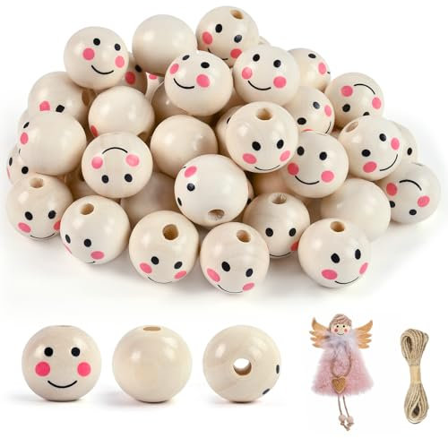 Holzkugeln mit Gesicht,50 Stück Holzkugeln mit Loch und Gesicht 20mm,Lächeln Gesicht holzperle,Holzperlen Natur Niedlich Holzköpfe mit Gesicht, Naturholzperlen für DIY Bastelarbeiten Dekorationen