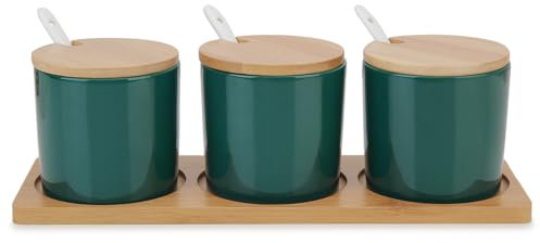 Chase Chic Ensemble de 3 Pots à Épices, Ensemble de Pots en Céramique avec Couvercle en Bambou, Cuillère et Plateau, Porte-Épices pour la Cuisine et la Table à Manger 690 ml Vert