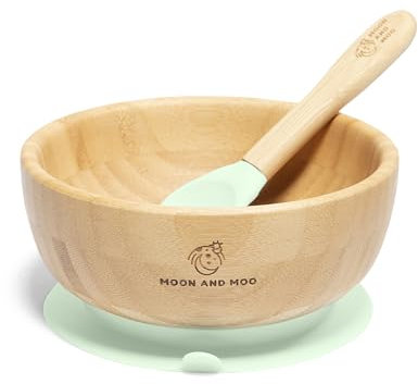 Moon and Moo Bamboo Suction Bowl and Spoon Set for Kids, Toddlers and Baby Weaning - Non-Toxic – Plastic Free - Stay Put - Baby Suction Bowl - Baby Weaning Set