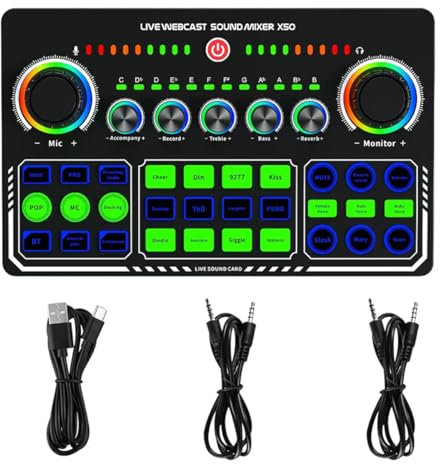 X50 - Tarjeta de sonido en vivo, 12 efectos de sonido de calentamiento, silencio con un solo toque, tarjeta de sonido externa, mezclador de DJ para transmisión en vivo y grabación de PC