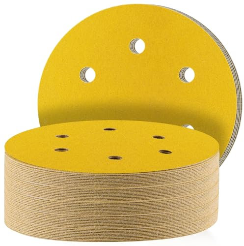 STEBRUAM 50pcs 150mm sanding discs,Sanding Discs Pads for Random Orbital Sander pads and All Oscillating Tools,Yellow sanding discs Hook and Loop 400 Grit 6 Hole 6 Inch Round