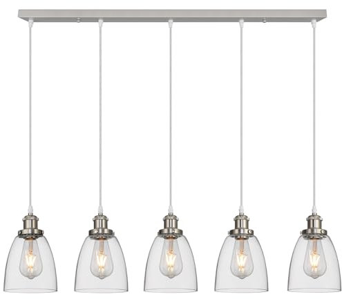 FORCOSO Glass Pendant Lights 5 Lights - Vintage Industrial Ceiling Light with Clear Glass Light Shade, Adjustable Modern Pendant Lighting for Kitchen Island Dining Table - Brushed Nickel(NO Bulbs)