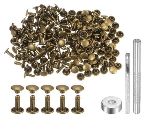 QUARKZMAN 100 Sets Ledernieten, 10 x 8 mm, Metall, Doppelkappe, Nieten, Druckknöpfe, Nieten, Verschlüsse mit 3 Setzwerkzeugen, Nieten für Lederhandwerk, DIY, Reparatur, Dekoration, Bronze