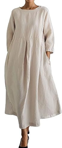 Linen Dresses for Women UK Ladies Loose Fit Summer Maxi Dress Crew Neck 3/4 Sleeve Long Dress with Pockets High Waist Cotton Linen Swing Shirt Dress Work Vacation Dress Yellow Brown Black White Khaki