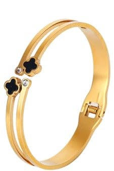 GAUEIOUR Gold Plated Bangle Bracelet,Black Shell Lucky Leaf Titanium Steel Bracelet, Fashionable Double-Layer Women's Zircon Open Bracelet, Double Lucky Symbol, Lucky Gift