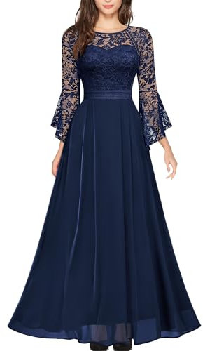 MISSMAY Women's Vintage Scoop Neck Lace Bell Sleeves Chiffon Prom Bridesmaids Party Gown Formal Long Dress (Large, Navy Blue)