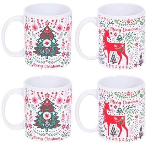 YöL Set Of 4 Scandi Christmas Mugs White And Red Party Xmas Mug Set Home Reindeer And Xmas Tree Festive Gift