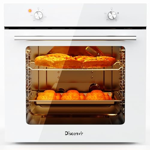Disaenvir Electric Single Oven Built-in Integrated White, Installed Size 60 cm, 65L 2.2kW with Plug, Timer, 4 Functions, with Grill & Enameled Baking Tray,3D Hot Air Baking, Heat Protection Glazing