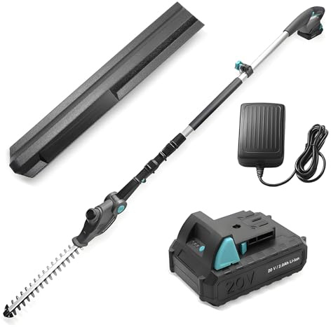 XSSIVE 20V Cordless Telescopic Pole Hedge Trimmer Long Reach Extendable Hedge Cutter - 1x 2.0AH Battery, Shoulder Strap, Fast Charger - for Hedges, Branches