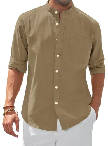 siliteelon Herren Hemd Leinen Strukturiert Langarm Stehkragen Freizeithemd | Regular Fit, Leichte, Sommer, Baumwolle, Button Down, Business, Formell, Party, Beach, Club, Reisen, Casual, Strandhemd