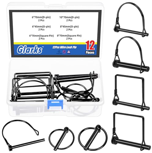 Glarks 12pcs 6/8/10mm Lynch Pins und Quadrat-Bogen-Formen-Draht-Verschluss-Pins Set, 3-Arten-Kupplungs-Zapfwelle-Zapfwelle-Kupplungs-Pins, Draht-Verschluss-Anhänger-Pins für Mechanik, Autos