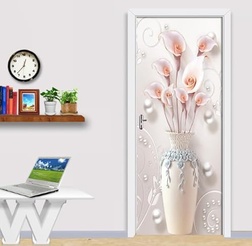 Peinture murale de porte Sticker Tulipes roses Stickers de Porte 3D Effet Décoration Auto Adhésif Amovible Imperméable PVC Autocollants De Porte Muraux L90 x H200cm