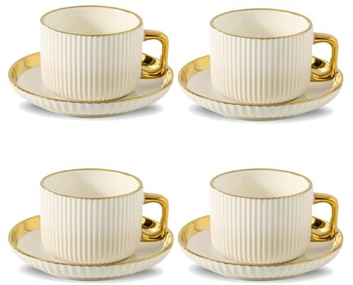 LETAOTAO Lot de 4 tasses à cappuccino avec soucoupes en céramique avec soucoupes, pour latte art avec bordure dorée, 236,8 g, tasses à café britannique/italien pour café, moka, double expresso