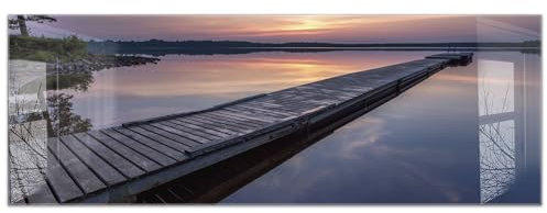 timalo Küchenbild aus Acrylglas modernes Wandbild Glasbild Deko Küche XXL Bild wie Glas | 140x50cm See mit Steg, Abend, Sonnenuntergang, Natur