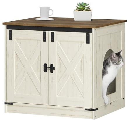 Hzuaneri Maison de Toilette Chat, Meuble Litiere Chat, Meuble à Litière avec Cloison Amovible, Maison pour Chats, Entrée Réversible à Gauche ou à Droite, 60 x 50 x 54 cm, Marron et Blanc CB84514X
