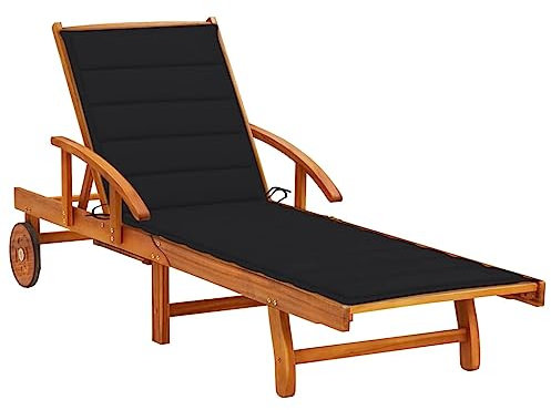 SDWEHO7 Klappbarer Liegestuhl, Sonnenliege aus Holz, Gartenliege mit Auflage & Rollen, wetterfest, Outdoor Relaxliege für Balkon und Terrasse, Akazie Massivholz