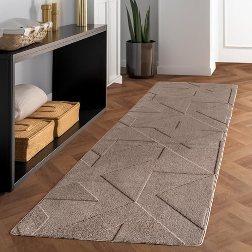Carpettex Boho Teppich mit Geometrischem Design, Einfarbig Beige 80x250 cm, Weicher & Pflegeleichter Deko Teppich, Waschbarer Läufer mit 3D-Effekt, Wohnzimmer und Schlafzimmer