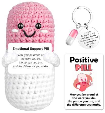 Vspek Emotion Support Crochet Pill Doll, Apotheker-Geschenke für Ärzte, Krankenschwestern, Apotheker, positive Häkelsachen mit Nachrichten, Charm-Schlüsselanhänger, Geburtstagsgeschenke für sie, ihn