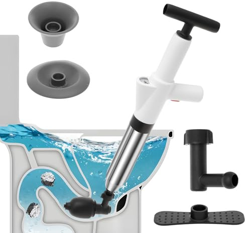 Abflussreiniger Pumpe 57cm Toiletten Pömpel mit 4 Austauschbaren Köpfen und Manometer Rohrreiniger Druckluft Abflusspumpe Toilette zum Freimachen von Toiletten, Spüle, Badewanne, Abfluss