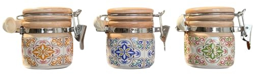 Doni Bomboniere Matrimonio 6 PZ Barattolino Ceramica e Legno Fantasie Maiolica Portaspezie Confettata Segnaposto Anniversario Cresima Comunione con Cucchiano (Piccolo)