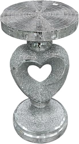 AIDNI Silver Heart Shape Mirrored Side Table, Crushed Diamond Sparkly End Table, Luxury Crystal Glam Bedside Stand or Plant Holder for Bedroom & Living Room Decor– 60cm Tall