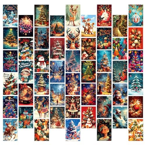 PORUPAEL 50 Stück Vintage Weihnachten Postkarten Set Weihnachtspostkarten Weihnachtsgrußkarten Poster Karten Wanddekoration Schlafzimmer Karten Dekoration Aesthetic Mini Poster (C)